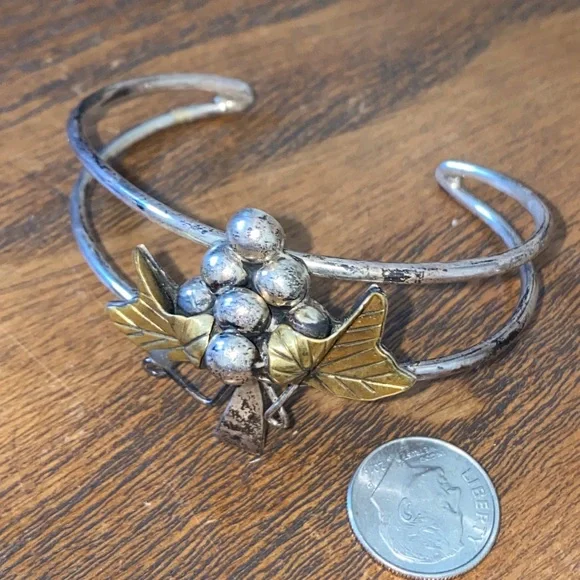 Mexico TAXCO Sterling Silver 925 22g GRAPES Grapevine Leaves Cuff Bracelet - Picture 12 of 12